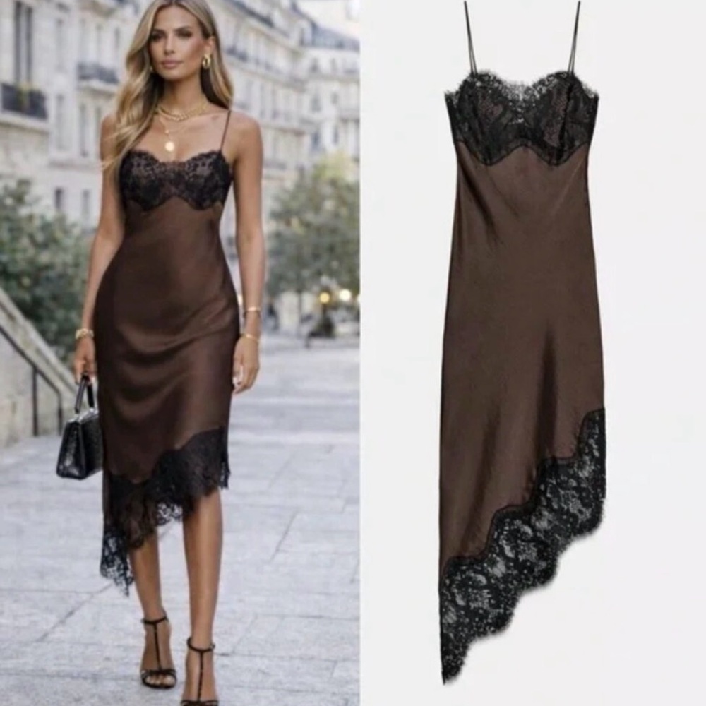 NWT Zara ASYMMETRIC SATIN LACE DRESS ZW COLLECTION Brown Black Medium - Picture 3 of 12